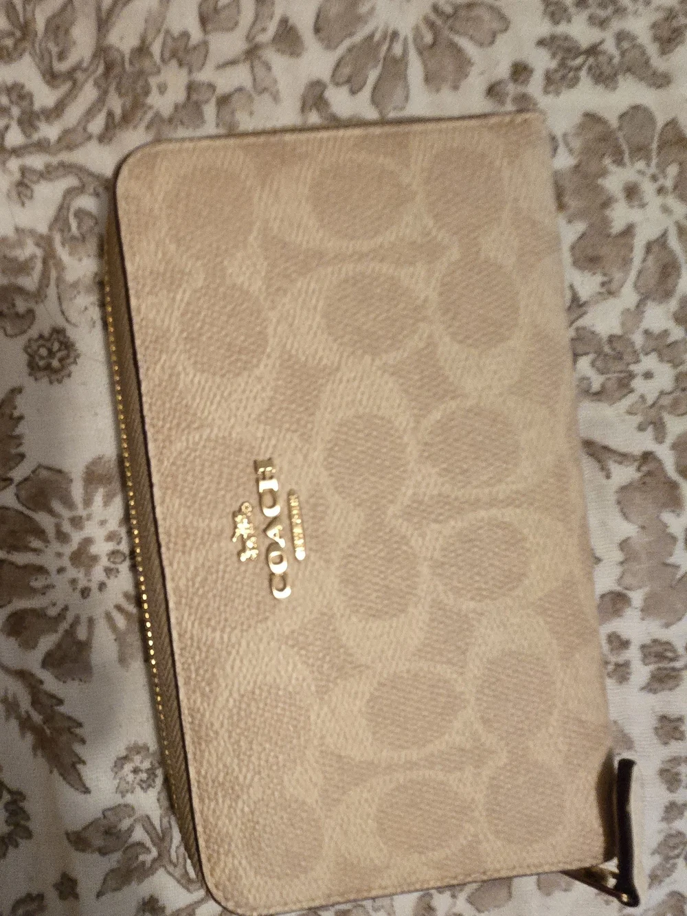 Coach Beige Signature Zip Wallet with Gold Hardware